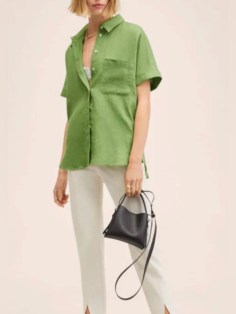 Mango Green Linen Blouse Rolled Short Sleeves And A Single Chest Pocket. Sz.4
